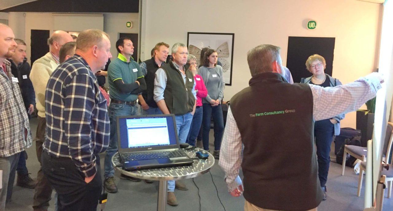Lean Study tour with Lean Farming. Phil Cooper show the benchmarking of productivity on the borad for the group of farmers in International Lean Farming Discussion Group